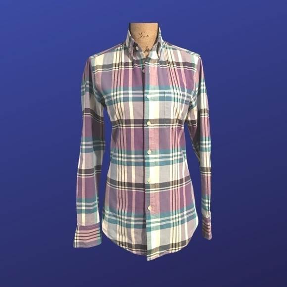 J. CREW Summer Plaid Shirt, 100% Cotton, WHITE/AQUA/PURPLE/BLACK, Size XS, NWOT - Picture 1 of 8